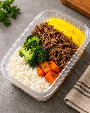 Marmita pronta de patinho desfiado com arroz branco, brócolis, cenoura e purê, na embalagem